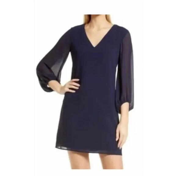 NEW ELIZA J chiffon long sleeve shift dress in navy
